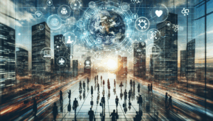 Illustration eines futuristischen Büros mit fortschrittlichen IT-Dienstleistungen.
