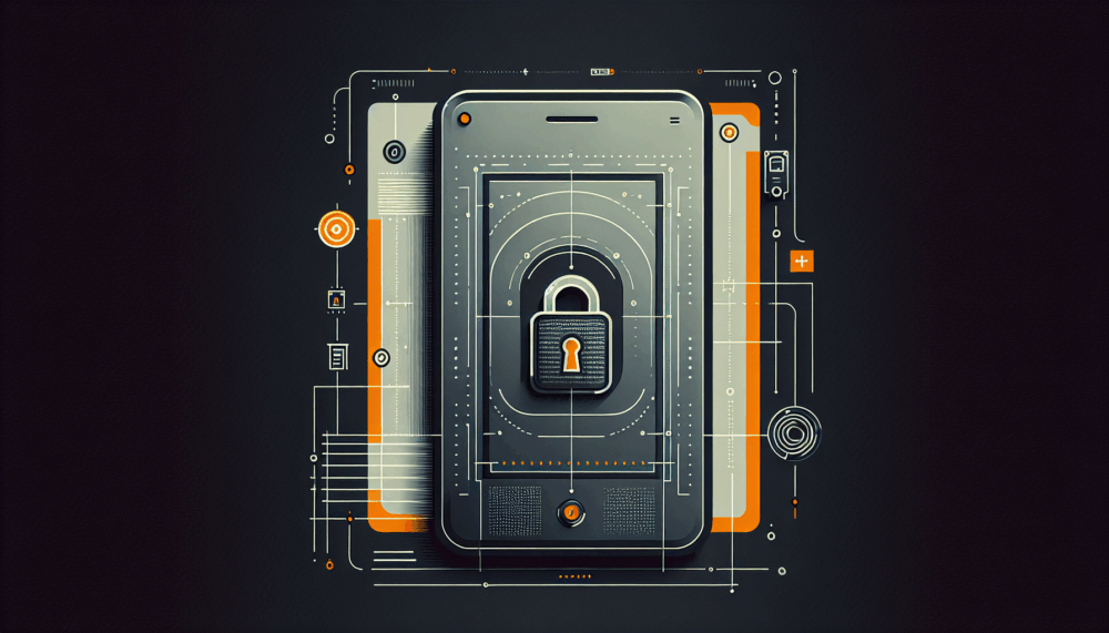 Minimalistisches Bild eines Smartphones mit orangem Schloss, das die Sicherheit von Android 16 repräsentiert.