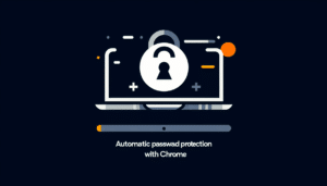 Minimalistisches Titelbild zum automatischen Passwortschutz in Google Chrome, modern gestaltet mit Schloss-Symbol, dunklem Hintergrund und orangen Akzenten.