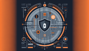 Modern gestaltetes Titelbild mit Schutzschild, Überschrift und klaren Linien in Dunkelgrau und Orange, das Cybersicherheit und Vertrauenswürdigkeit symbolisiert.