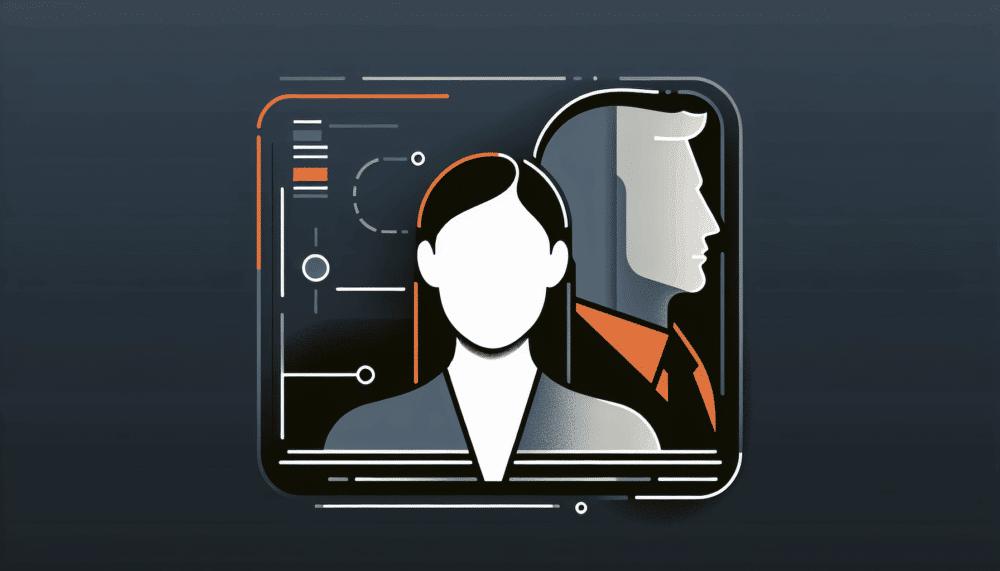 Minimalistisches Bild mit echten und gefälschten Chefprofilen als Icons, betont durch Orange und Dunkelgrau, symbolisiert Schutz vor Cyberrisiken.