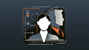 Minimalistisches Bild mit echten und gefälschten Chefprofilen als Icons, betont durch Orange und Dunkelgrau, symbolisiert Schutz vor Cyberrisiken.