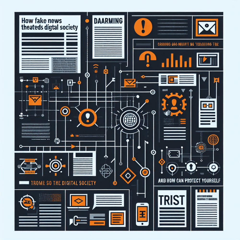 Minimalistisches Bild mit dunkelgrauem Hintergrund, oranger Überschrift und stilisierten digitalen Netzwerken zum Thema Fake News.