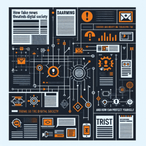 Minimalistisches Bild mit dunkelgrauem Hintergrund, oranger Überschrift und stilisierten digitalen Netzwerken zum Thema Fake News.