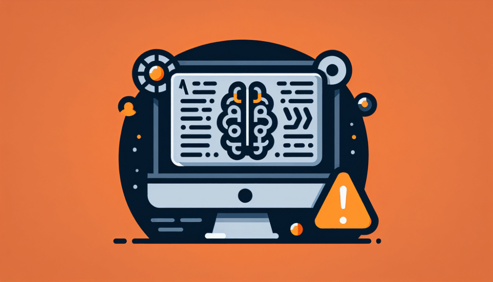Minimalistisches Bild mit Computerbildschirm, KI-Symbol und Warnzeichen in Dunkelgrau und Orange, passend zum Thema Fake-Webseiten und KI-Gefahren für Unternehmen.
