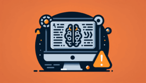 Minimalistisches Bild mit Computerbildschirm, KI-Symbol und Warnzeichen in Dunkelgrau und Orange, passend zum Thema Fake-Webseiten und KI-Gefahren für Unternehmen.