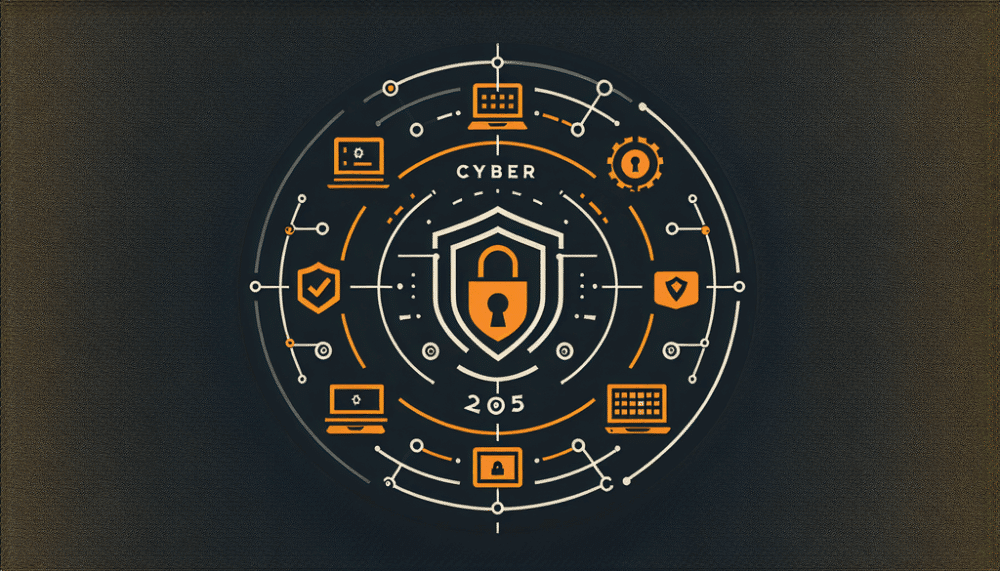 Minimalistisches Titelbild mit modernem Schild- oder Schloss-Symbol in Orange auf dunkelgrauem Hintergrund, umgeben von klaren Linien und serifenloser Schrift. Symbolisiert Cybersicherheit im Jahr 2025.